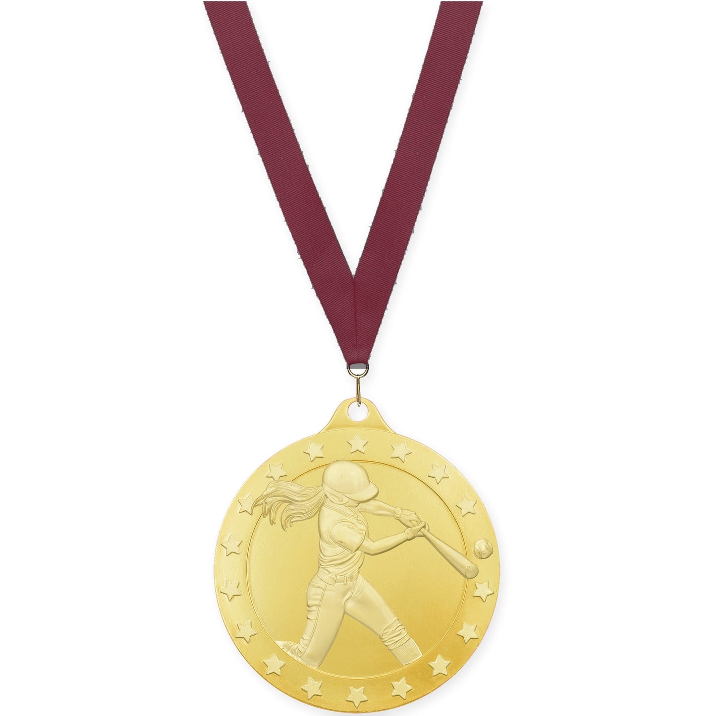 2 inch softball Radiance medal in gold with Maroon neck ribbon