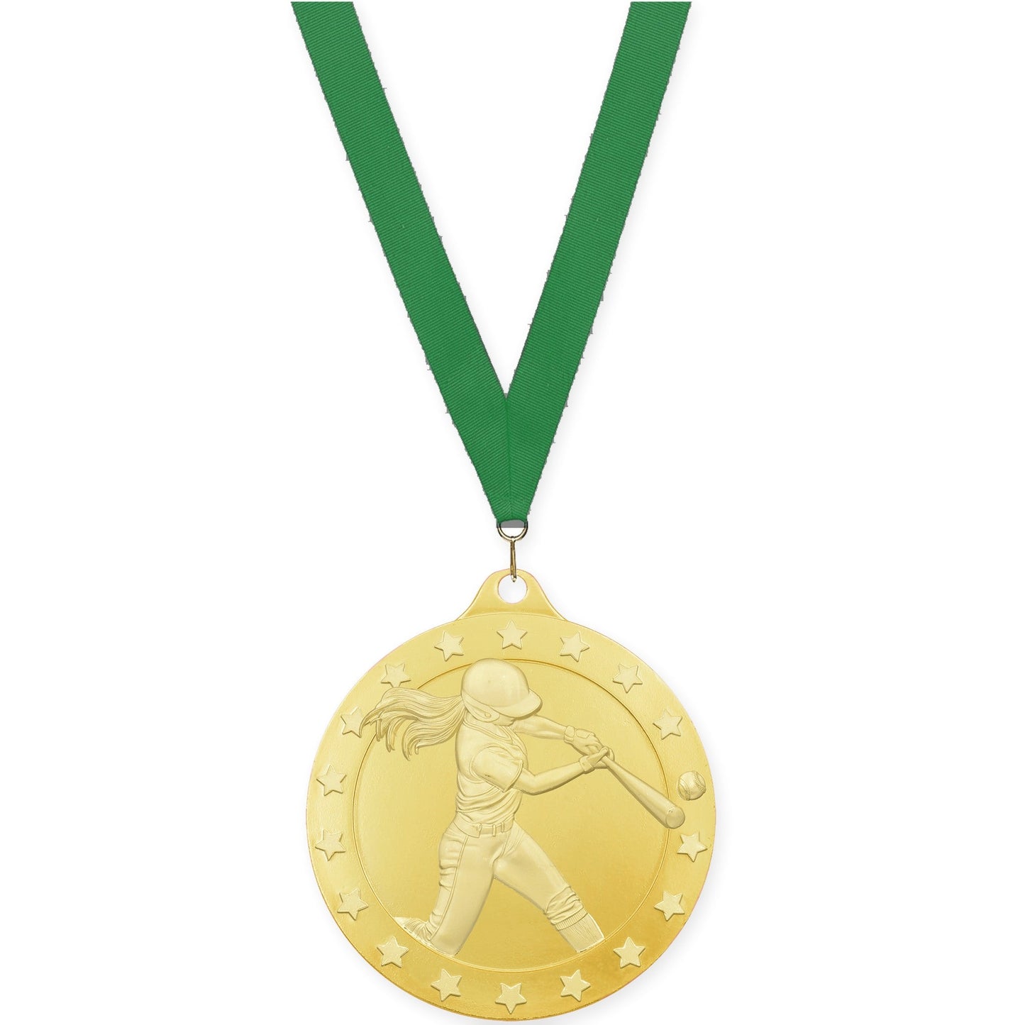 2 inch softball Radiance medal in gold with Green neck ribbon