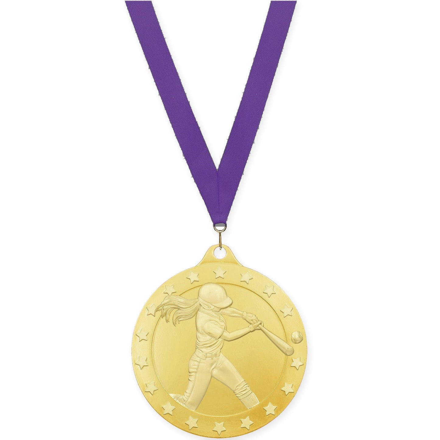 2 inch softball Radiance medal in gold with Purple neck ribbon