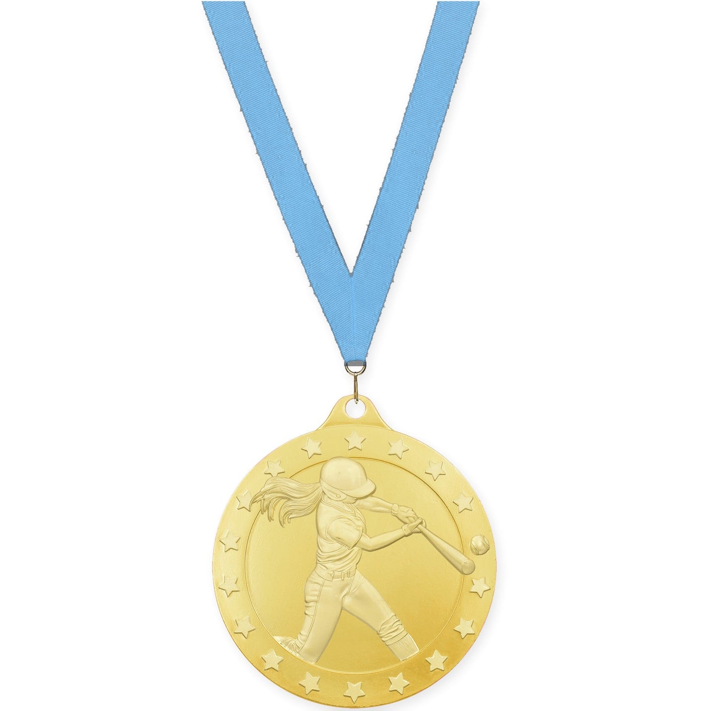 2 inch softball Radiance medal in gold with Light Blue neck ribbon
