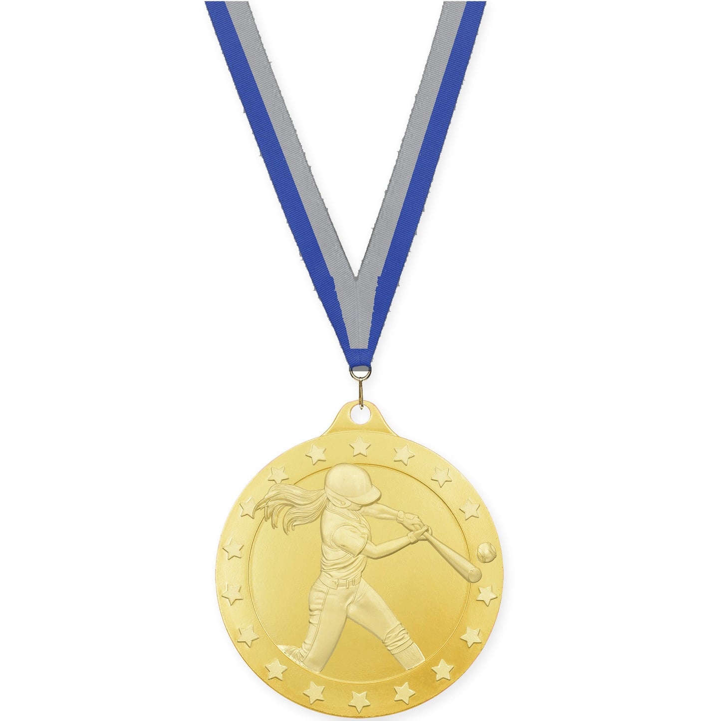 2 inch softball Radiance medal in gold with Blue Gray neck ribbon