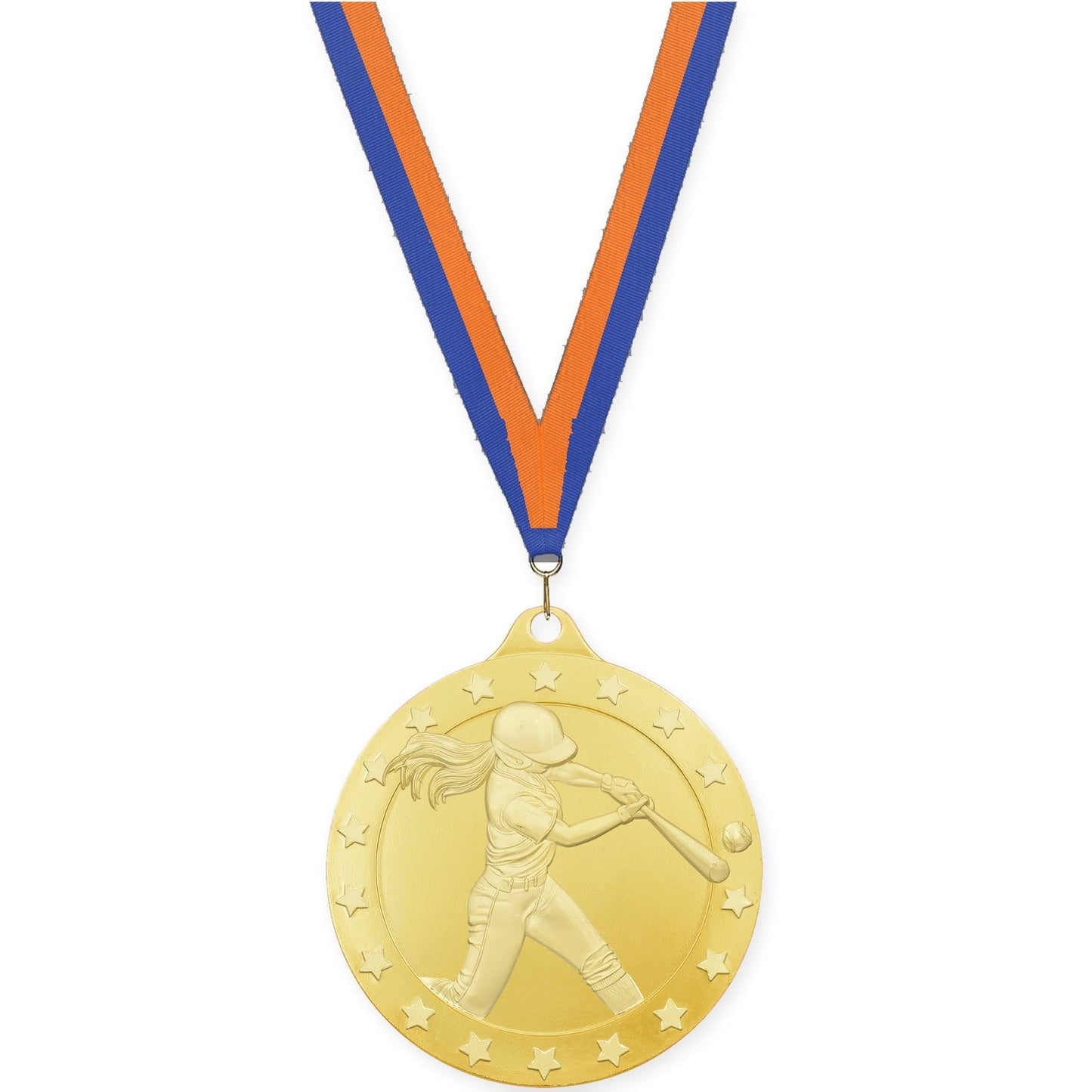 2 inch softball Radiance medal in gold with Blue Orange neck ribbon