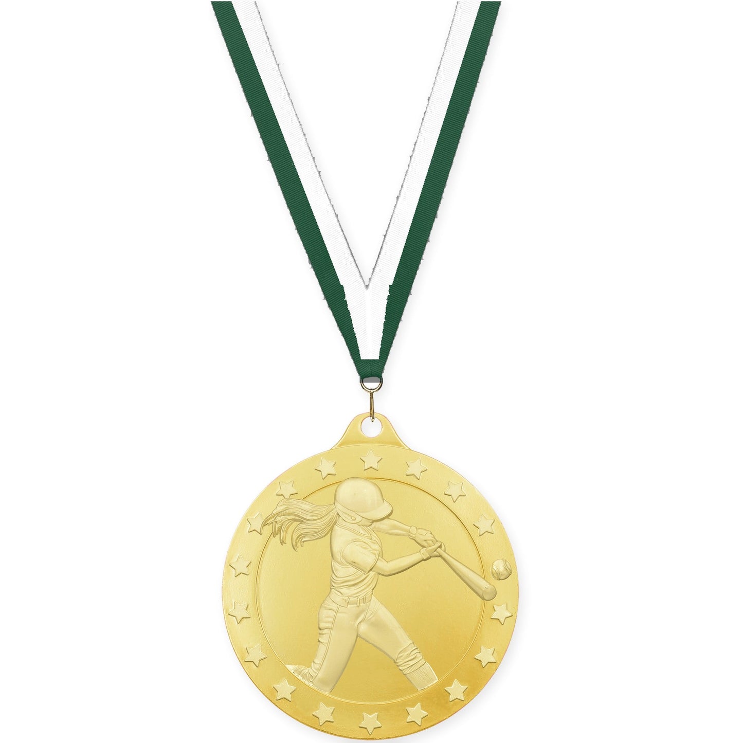 2 inch softball Radiance medal in gold with Hunter Green White neck ribbon