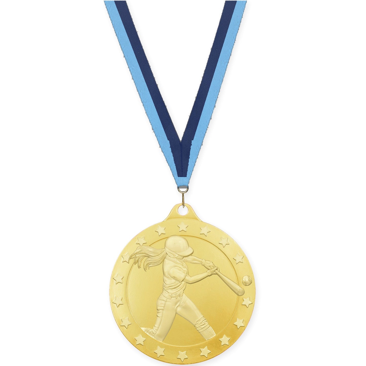 2 inch softball Radiance medal in gold with Light Blue Navy neck ribbon