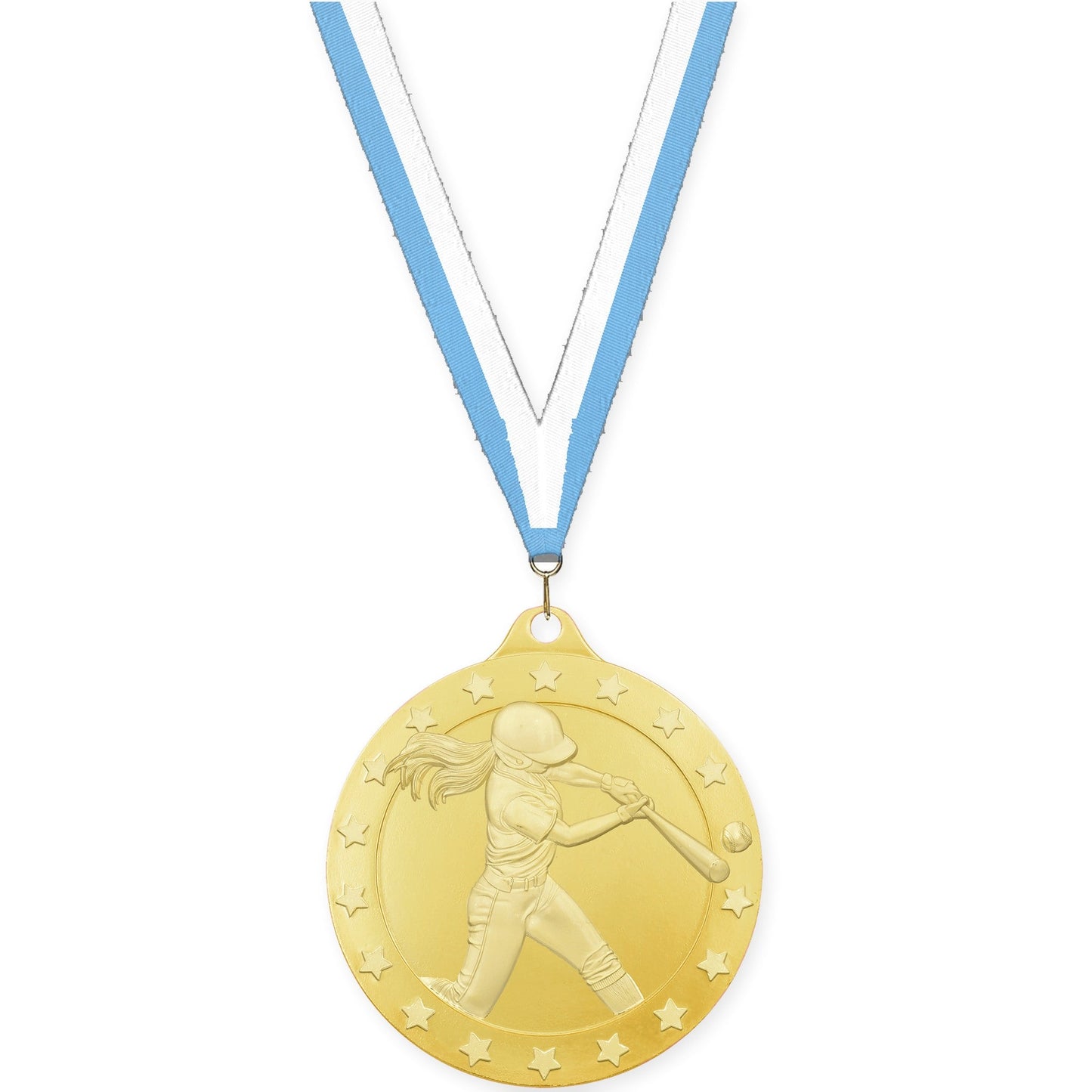 2 inch softball Radiance medal in gold with Light Blue White neck ribbon