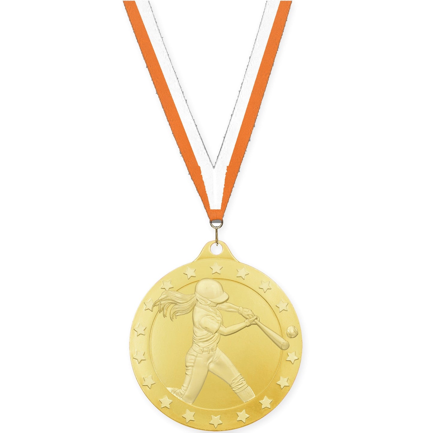 2 inch softball Radiance medal in gold with Orange White neck ribbon