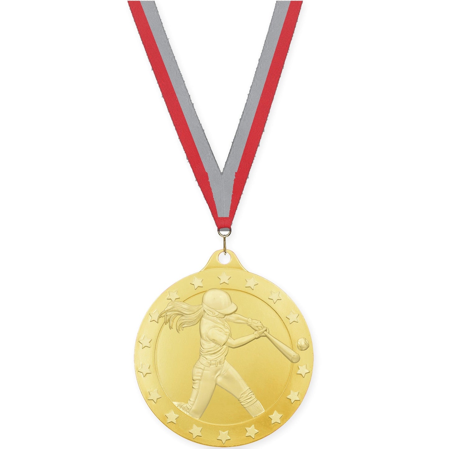 2 inch softball Radiance medal in gold with Red Gray neck ribbon