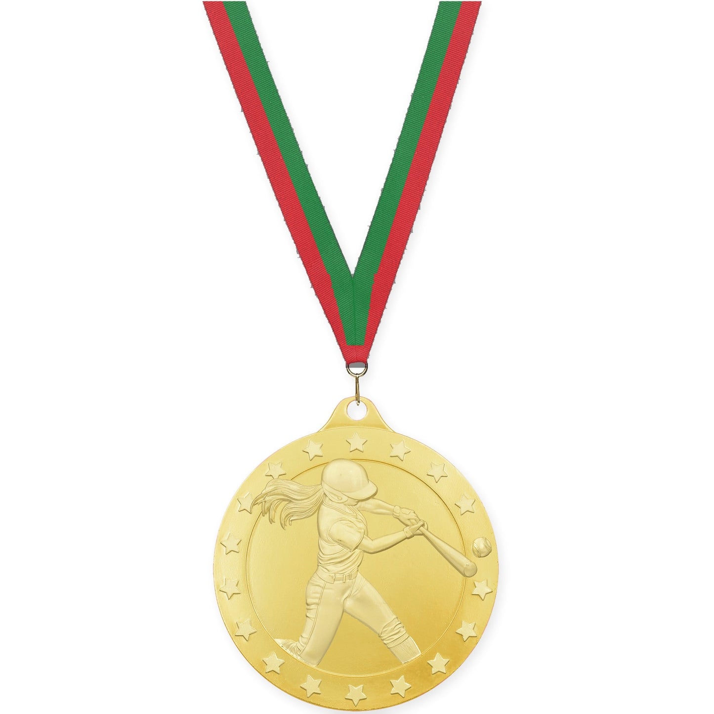 2 inch softball Radiance medal in gold with Red Green neck ribbon