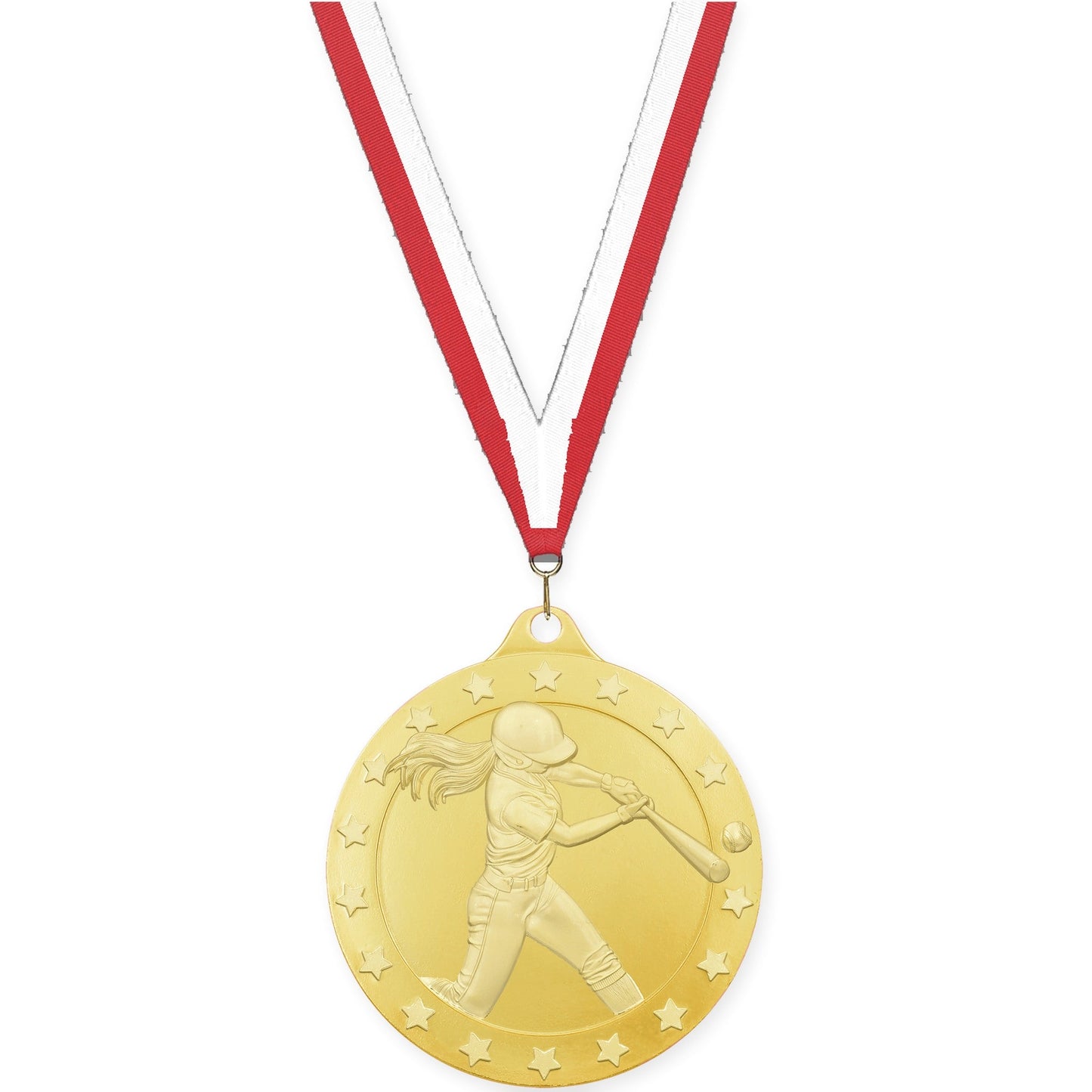 2 inch softball Radiance medal in gold with Red White neck ribbon