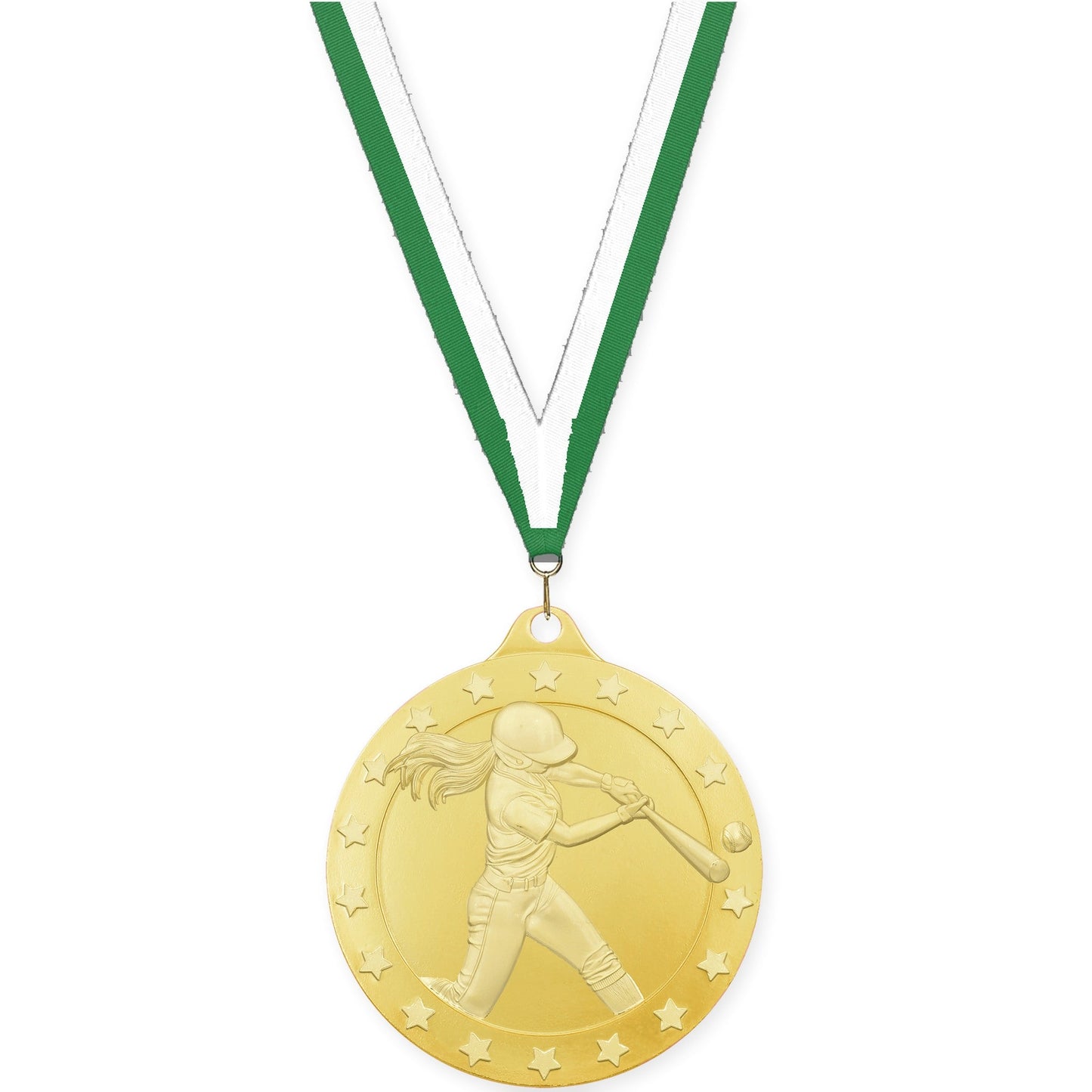 2 inch softball Radiance medal in gold with Green White neck ribbon
