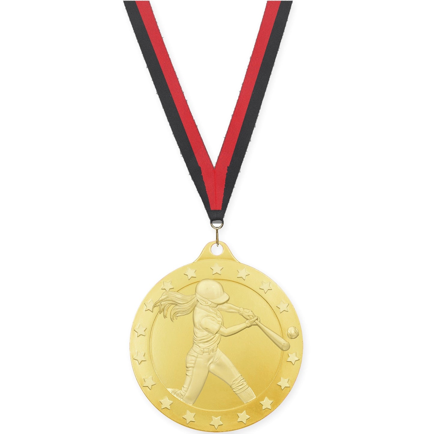 2 inch softball Radiance medal in gold with Black Red neck ribbon