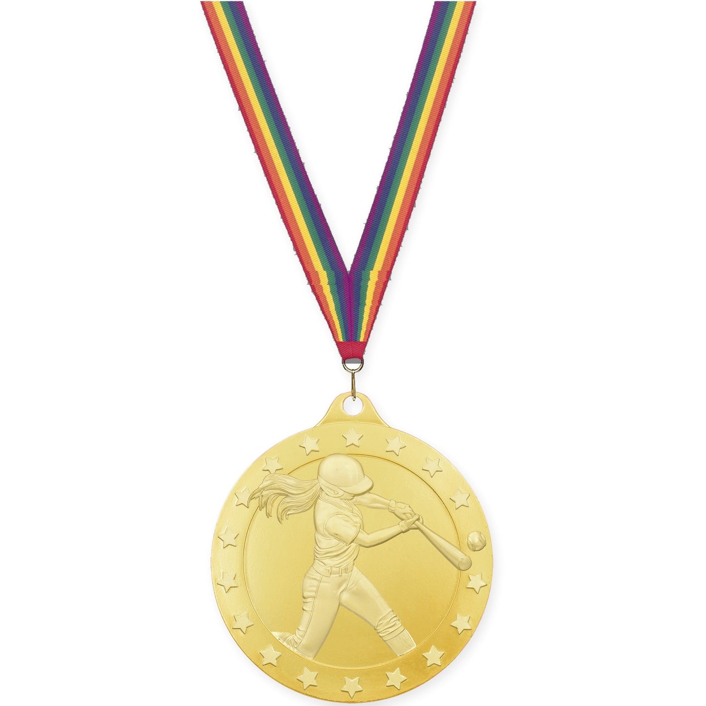 2 inch softball Radiance medal in gold with Rainbow neck ribbon