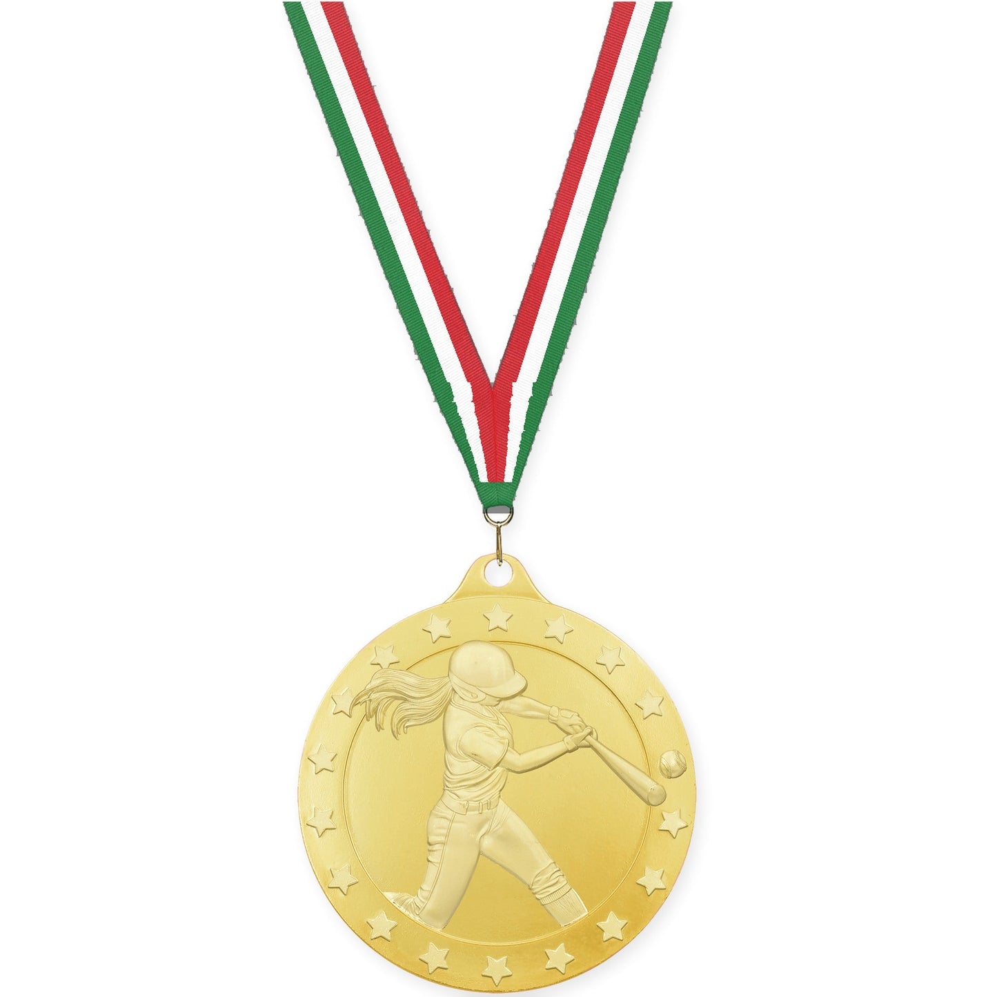 2 inch softball Radiance medal in gold with Green White Red neck ribbon