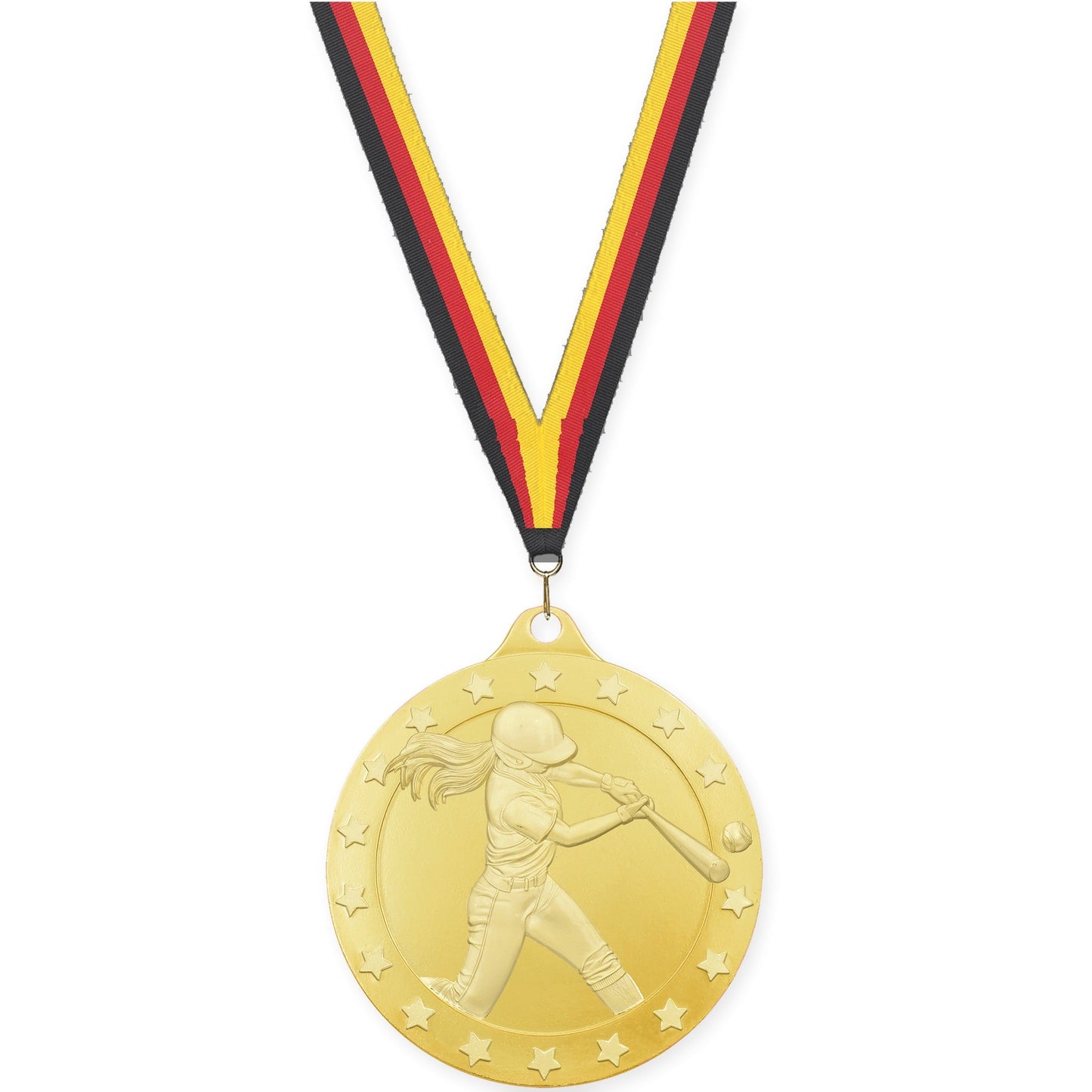 2 inch softball Radiance medal in gold with Black Red Yellow neck ribbon