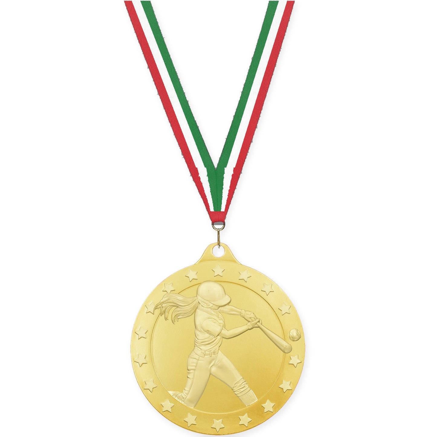 2 inch softball Radiance medal in gold with Red White Green neck ribbon
