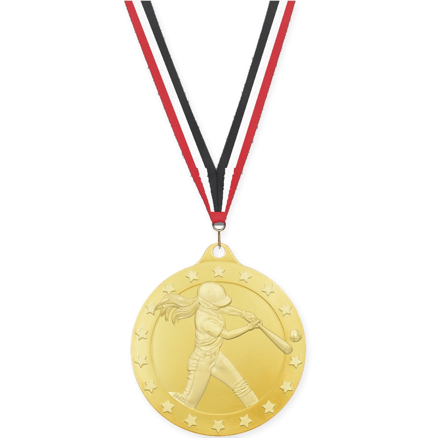2 inch softball Radiance medal in gold with Red White Black neck ribbon