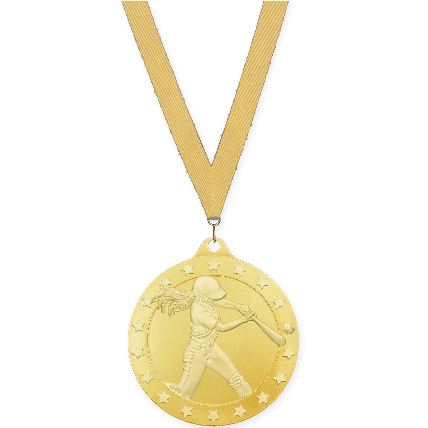 2 inch softball Radiance medal in gold with Gold Metallic neck ribbon