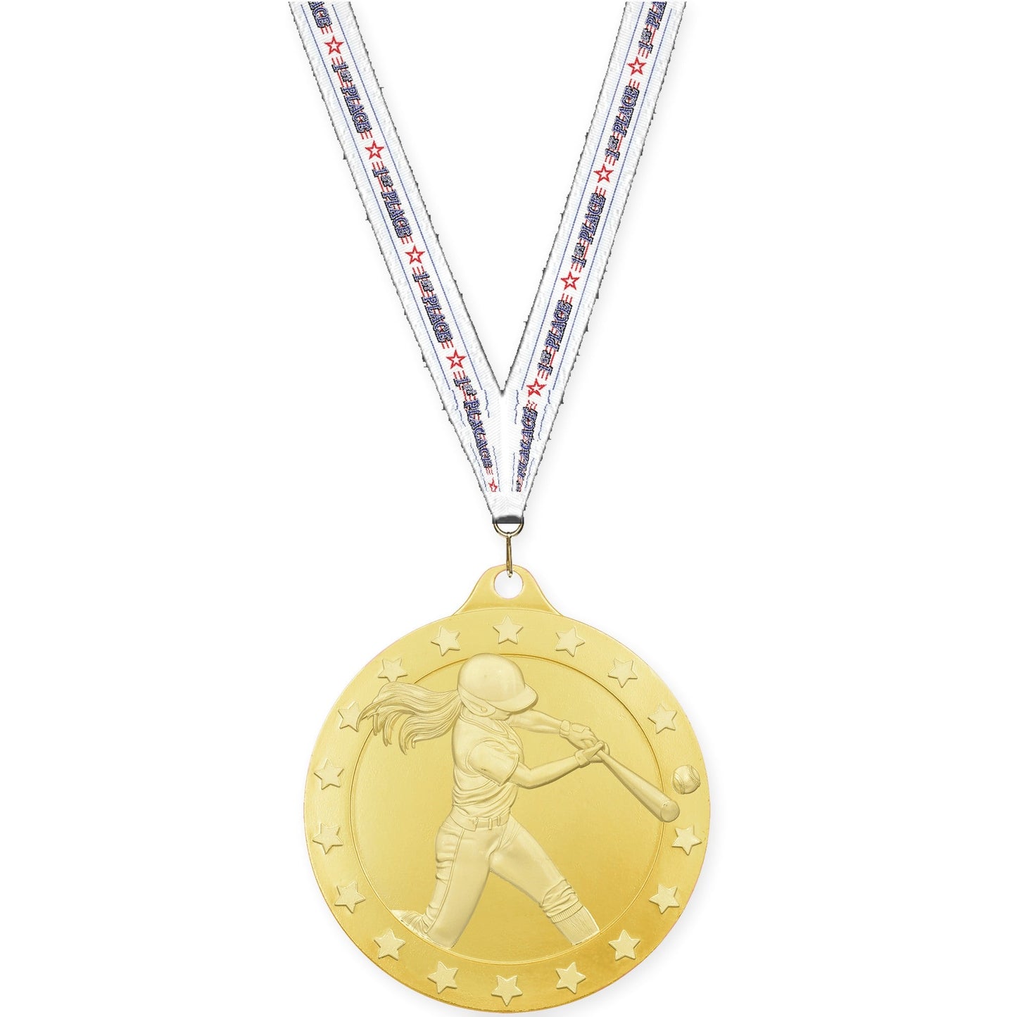 2 inch softball Radiance medal in gold with 1st Place neck ribbon