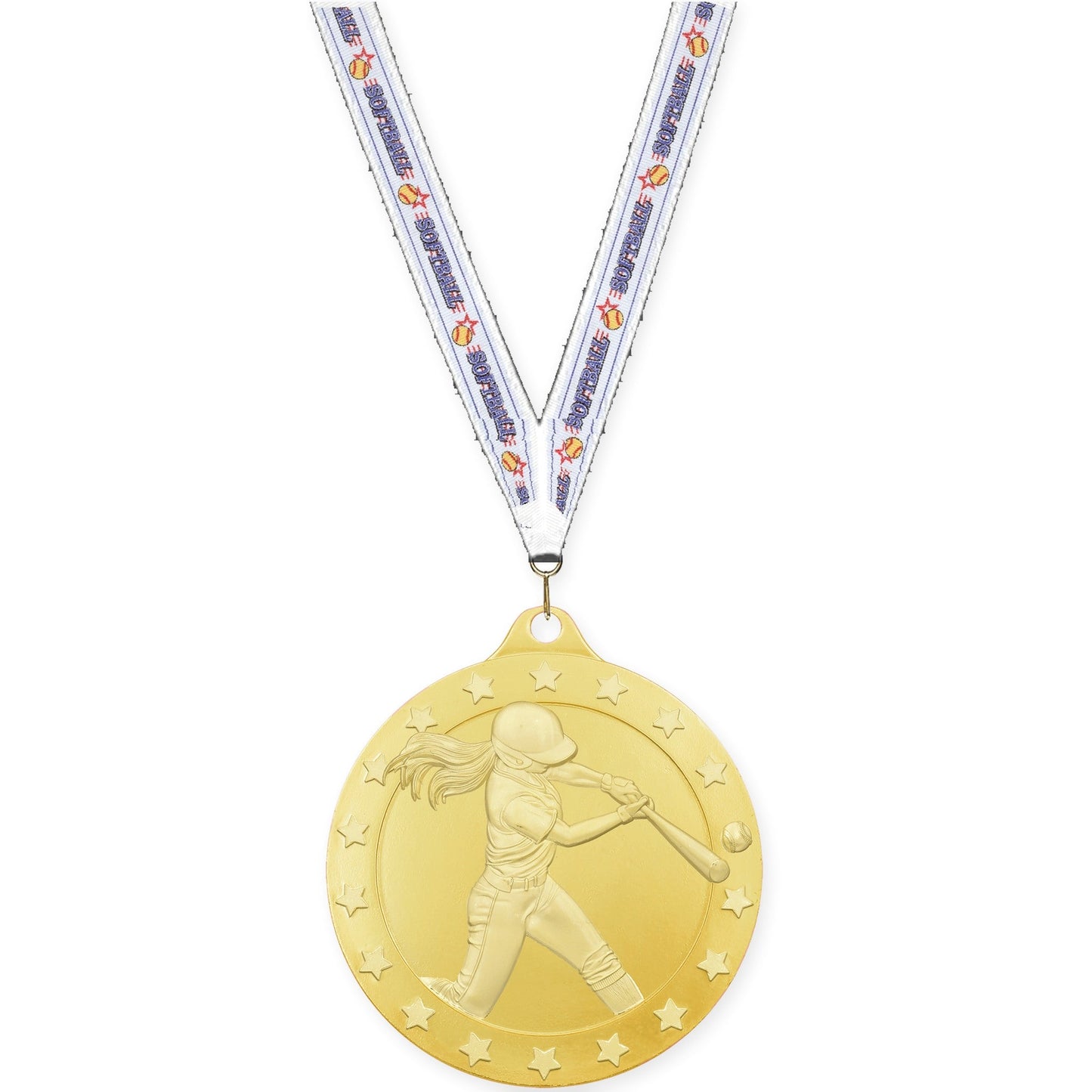 2 inch softball Radiance medal in gold with Softball neck ribbon