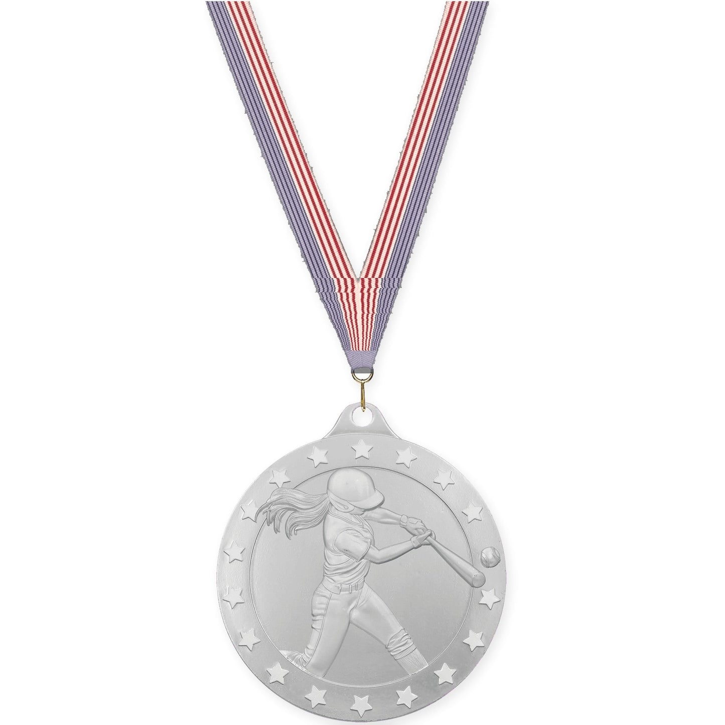2 inch softball Radiance medal in silver with USA Flag neck ribbon