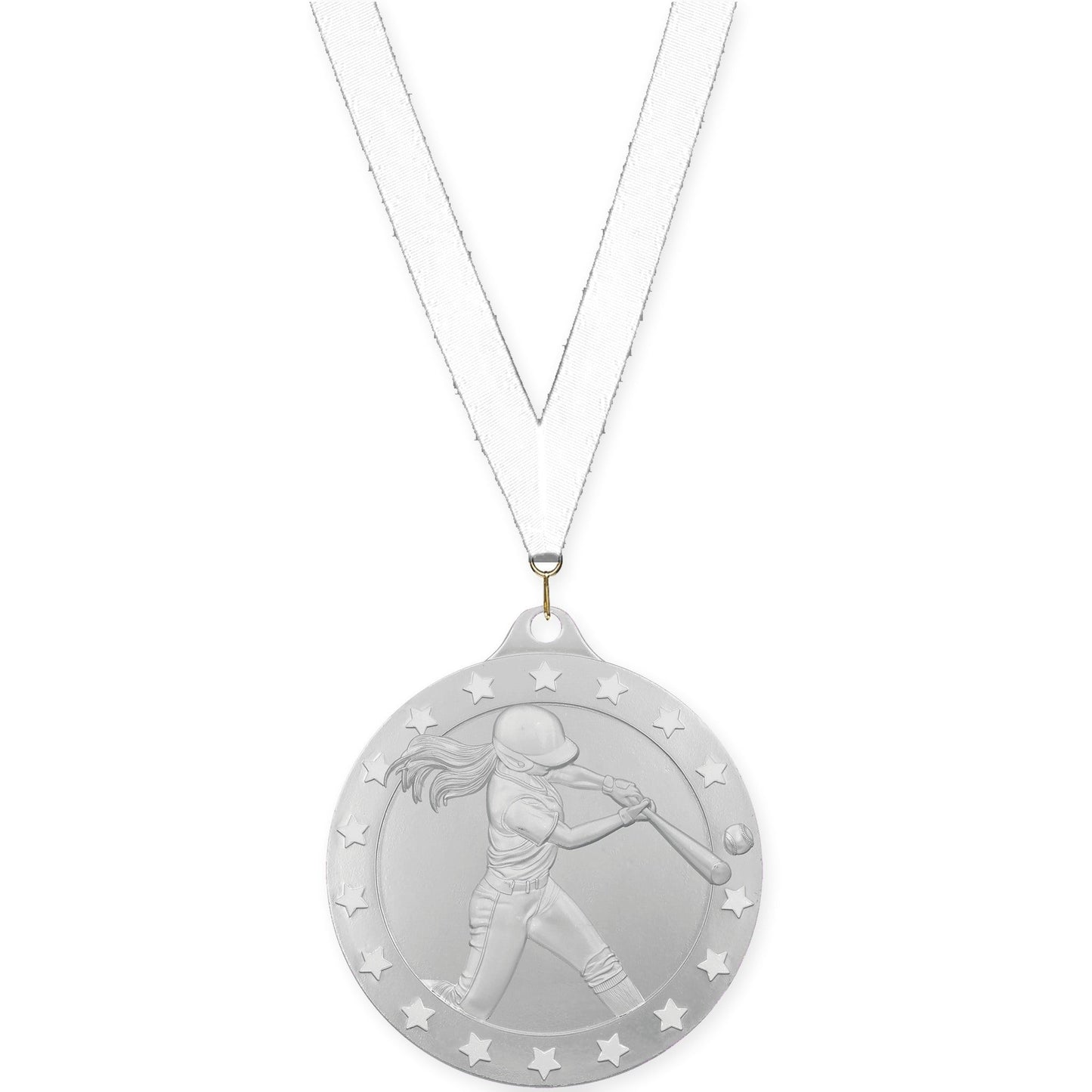 2 inch softball Radiance medal in silver with White neck ribbon