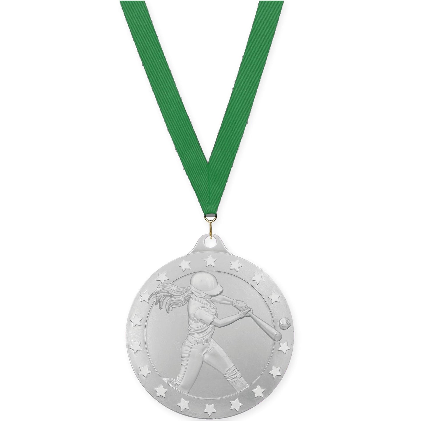 2 inch softball Radiance medal in silver with Green neck ribbon