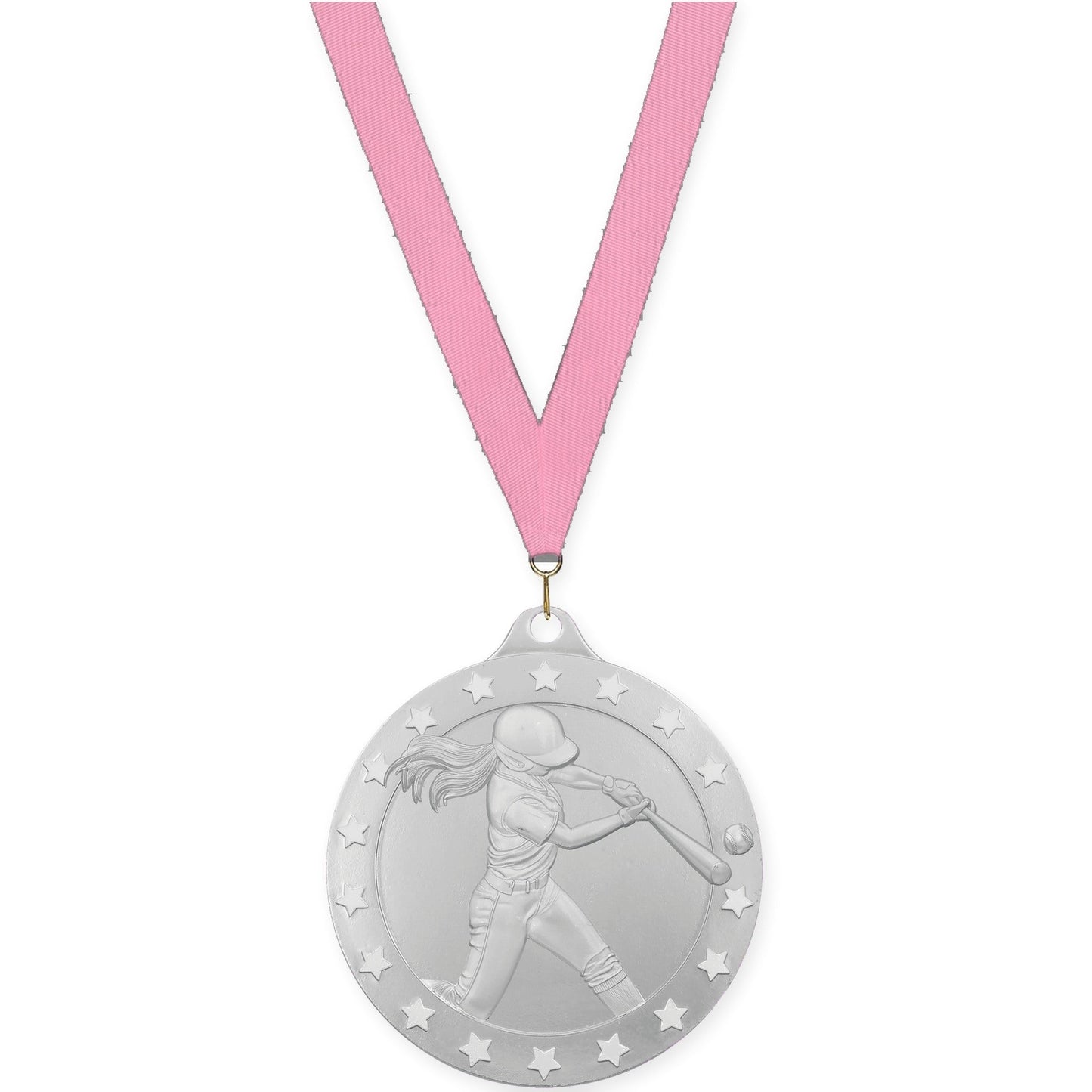 2 inch softball Radiance medal in silver with Pink neck ribbon