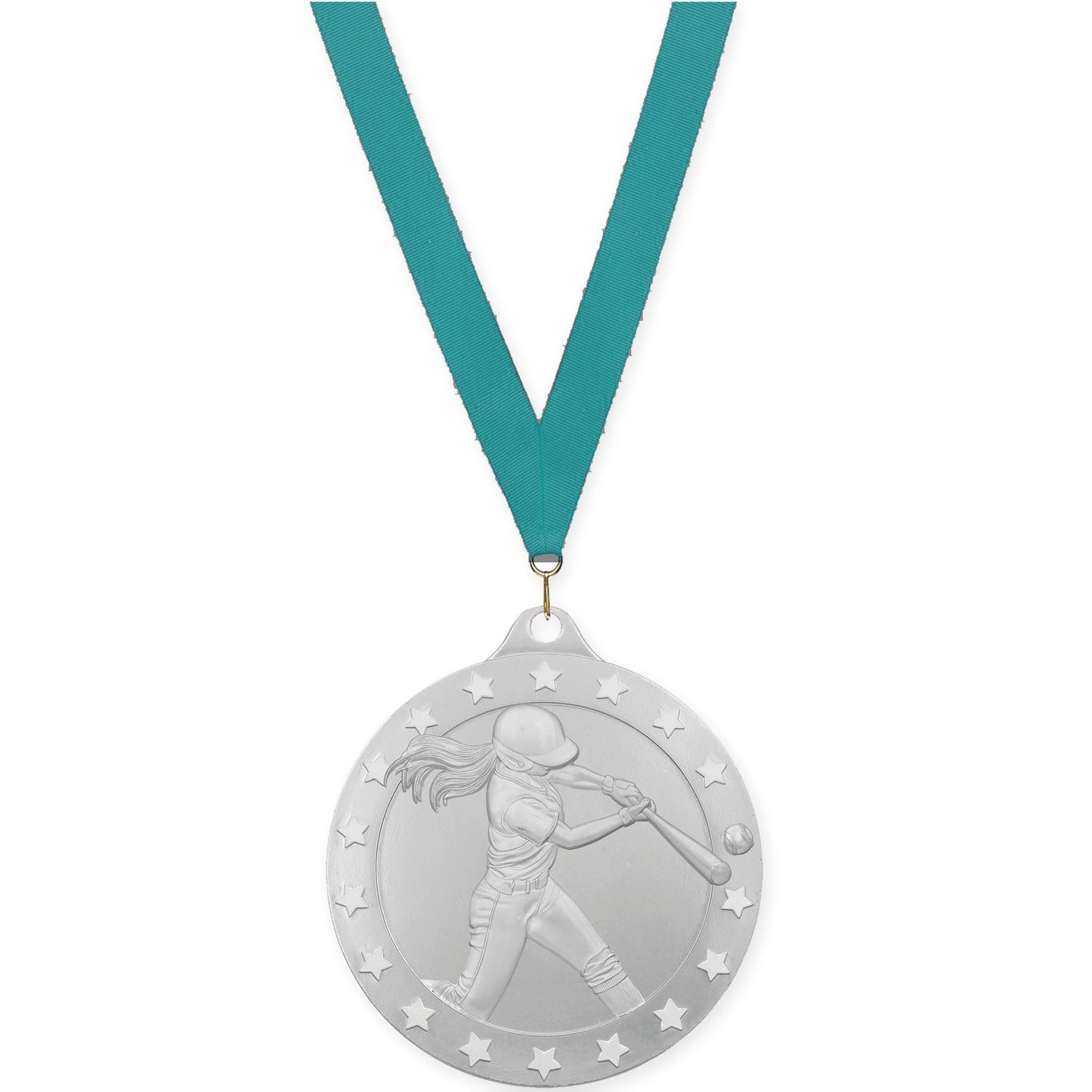 2 inch softball Radiance medal in silver with Teal neck ribbon