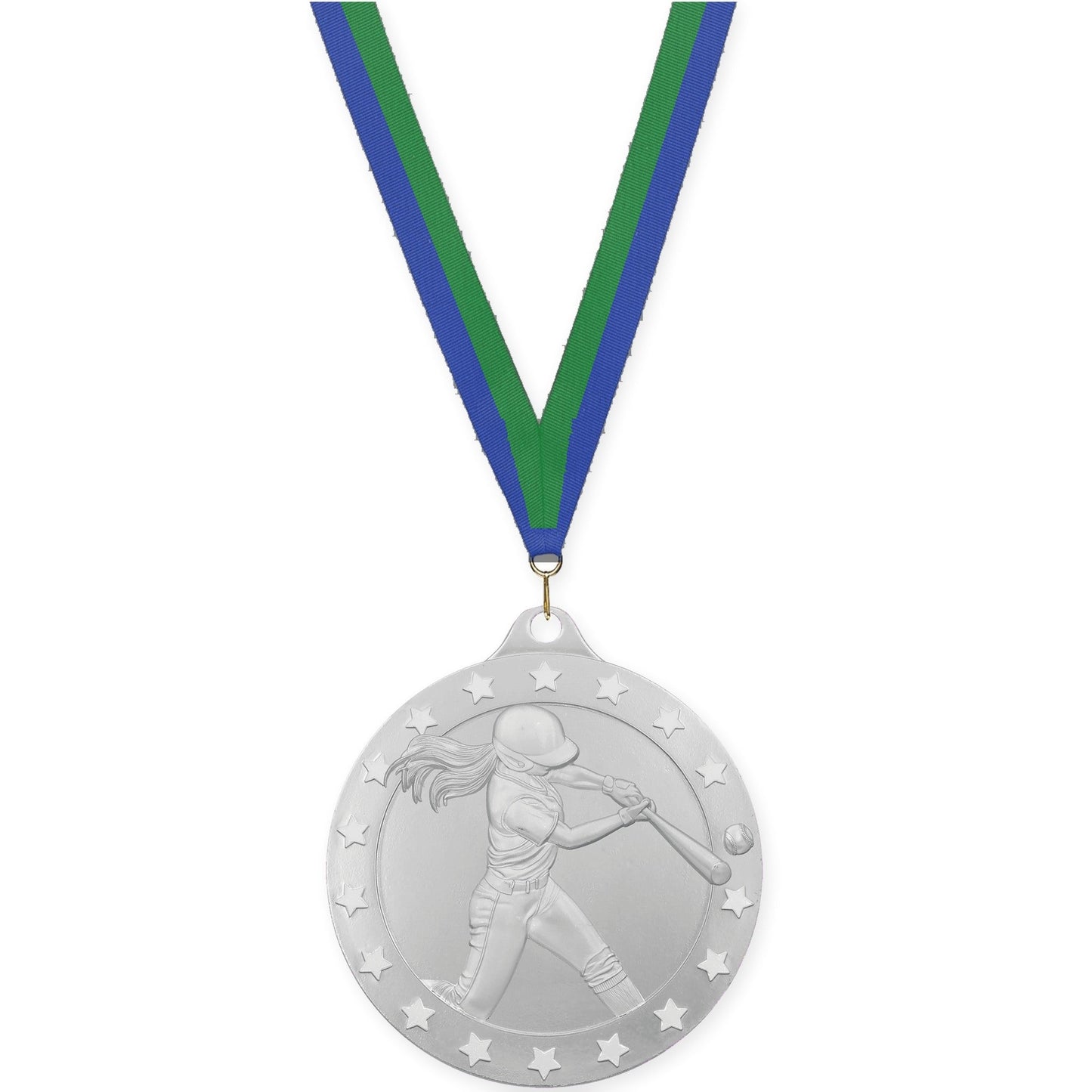 2 inch softball Radiance medal in silver with Blue Green neck ribbon