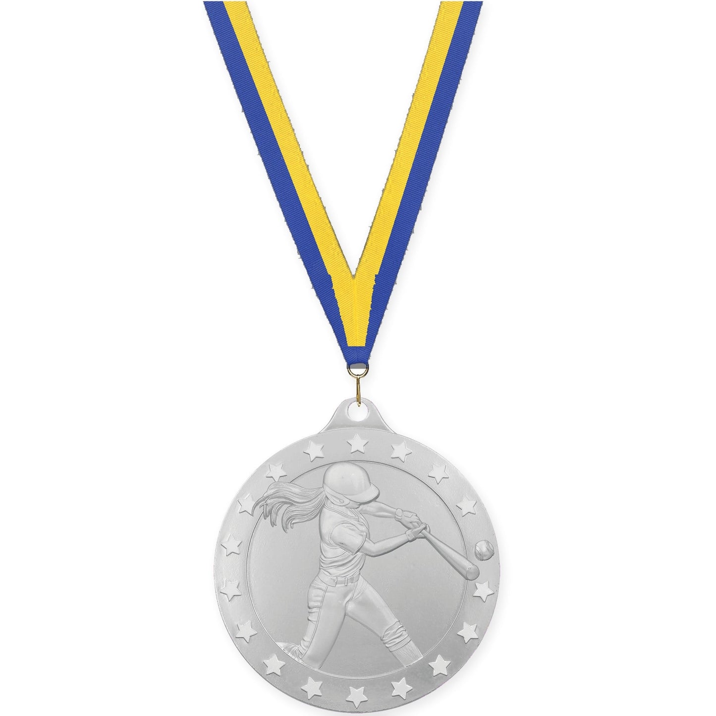 2 inch softball Radiance medal in silver with Blue Yellow neck ribbon