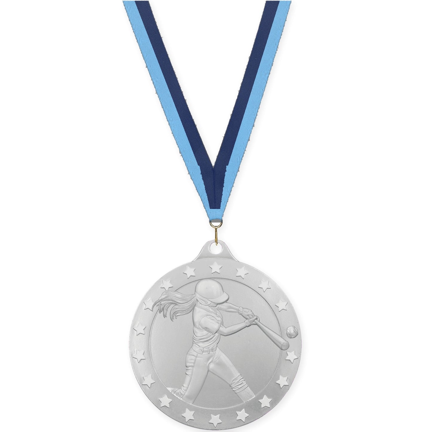 2 inch softball Radiance medal in silver with Light Blue Navy neck ribbon