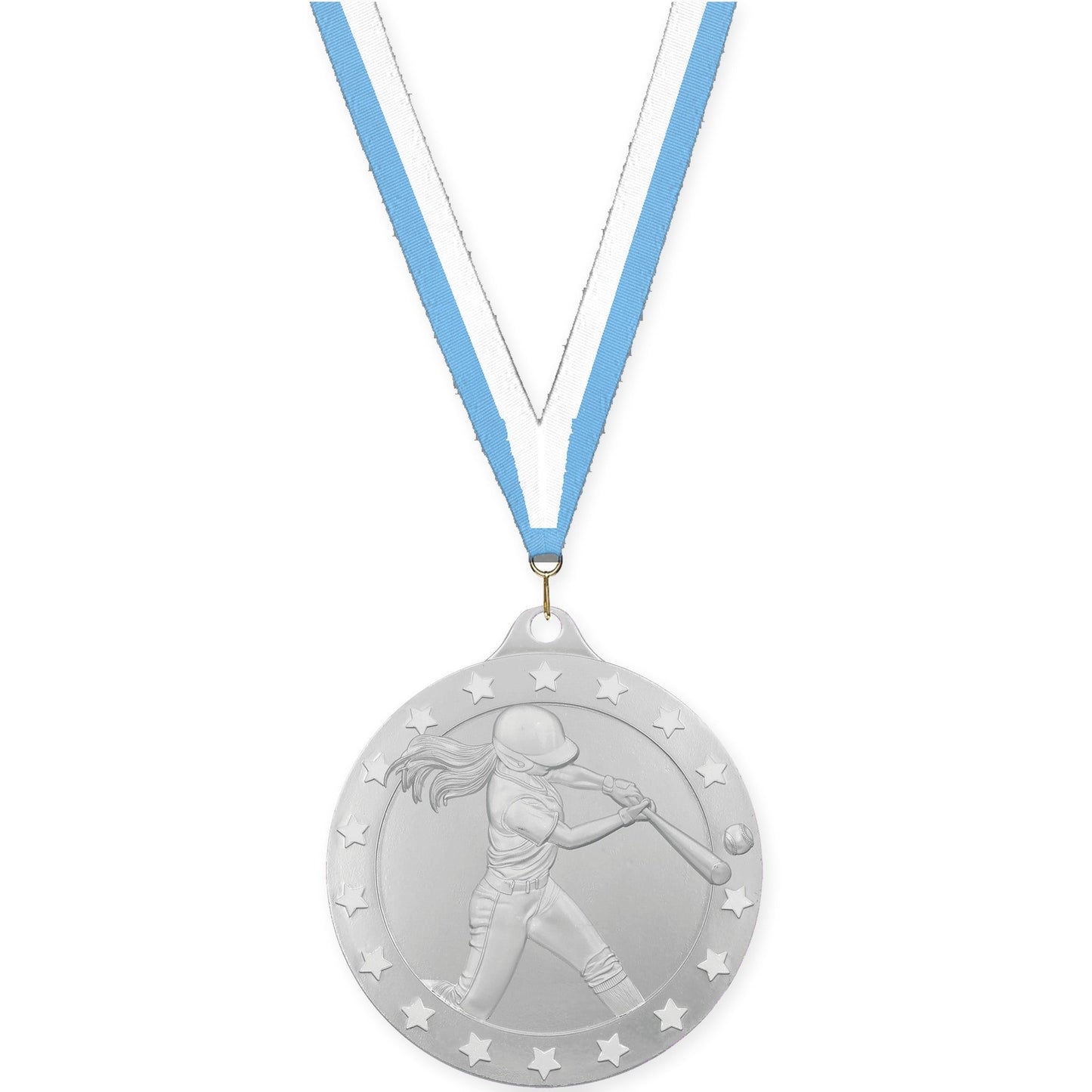 2 inch softball Radiance medal in silver with Light Blue White neck ribbon