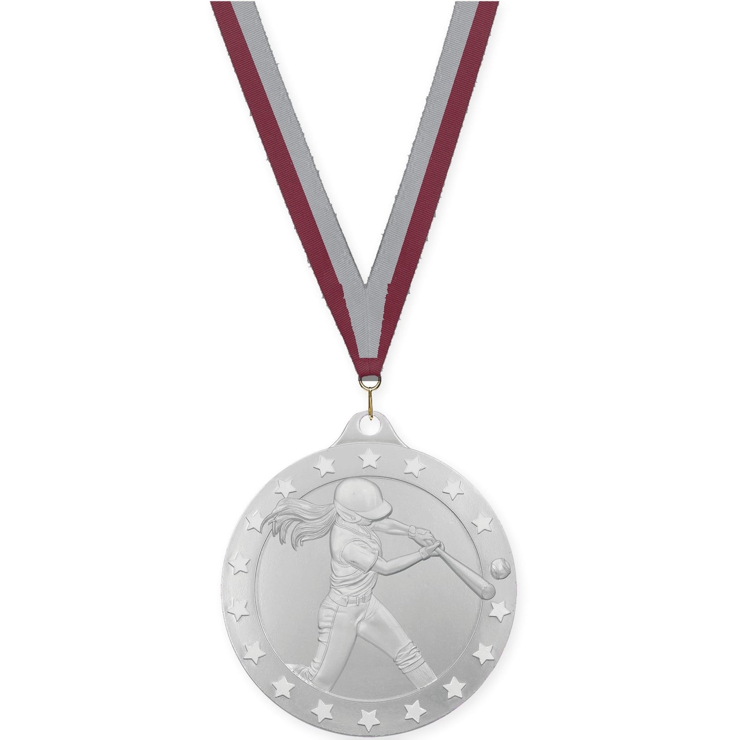 2 inch softball Radiance medal in silver with Maroon Gray neck ribbon