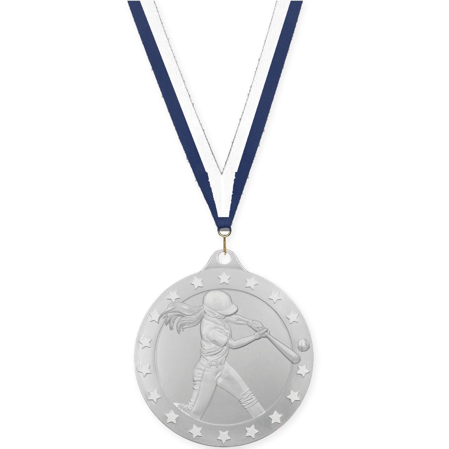 2 inch softball Radiance medal in silver with Navy White neck ribbon