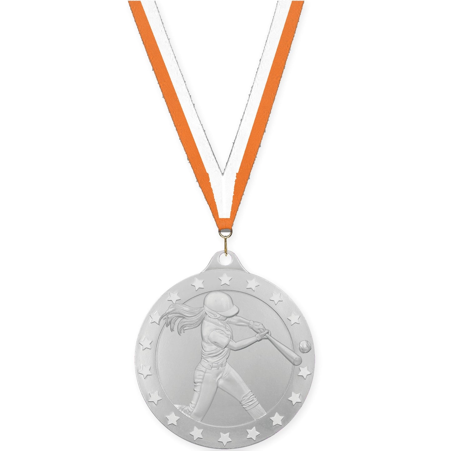 2 inch softball Radiance medal in silver with Orange White neck ribbon