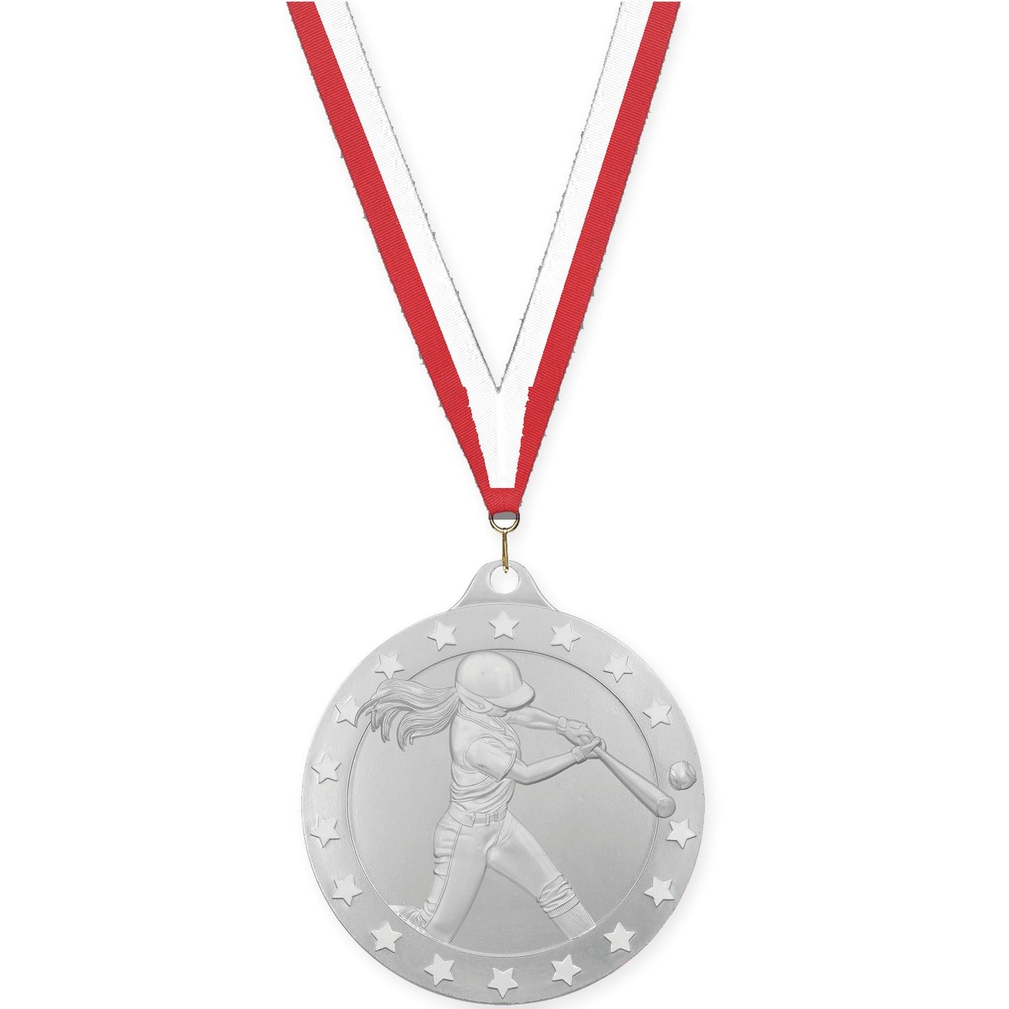 2 inch softball Radiance medal in silver with Red White neck ribbon