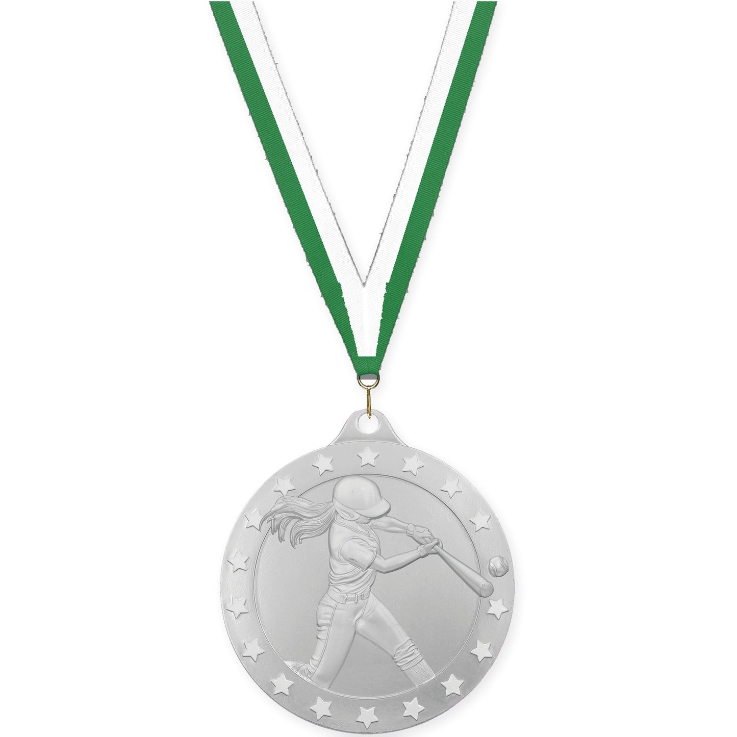 2 inch softball Radiance medal in silver with Green White neck ribbon