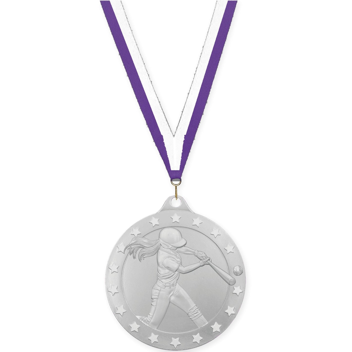 2 inch softball Radiance medal in silver with Purple White neck ribbon