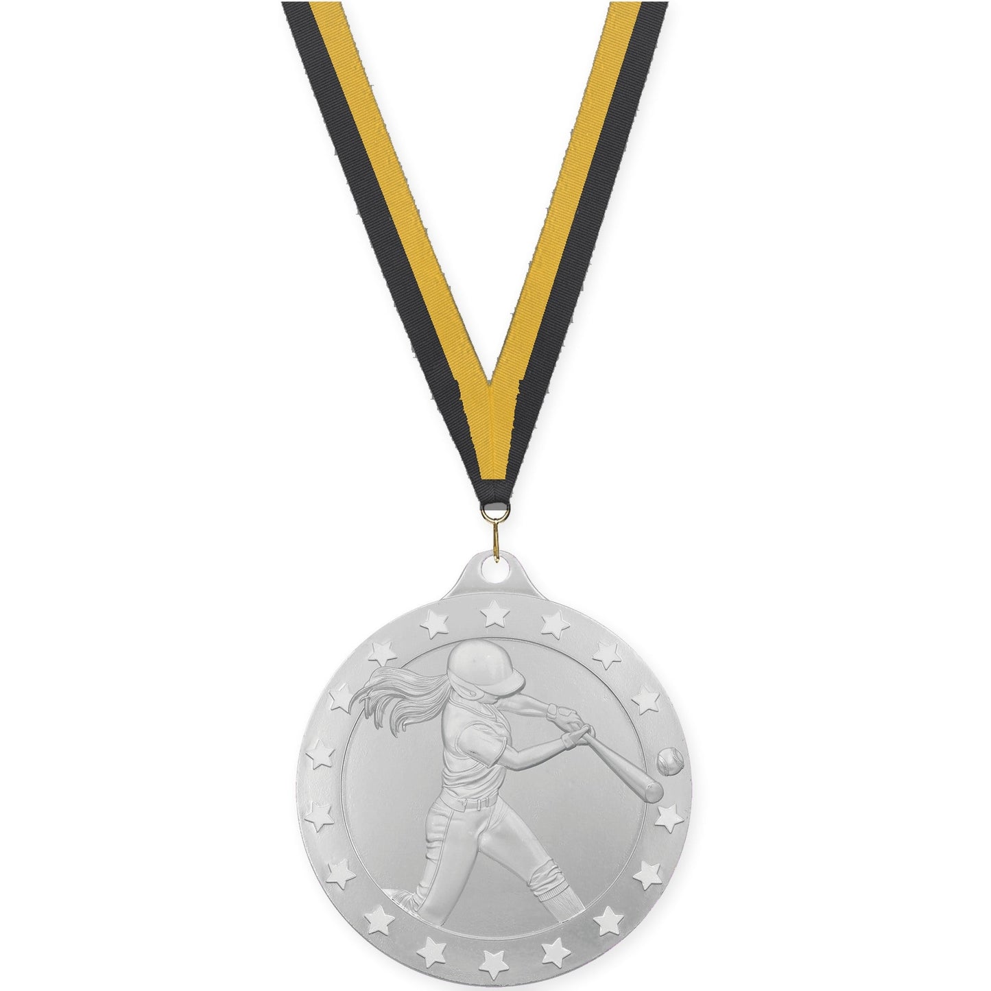 2 inch softball Radiance medal in silver with Black Gold neck ribbon