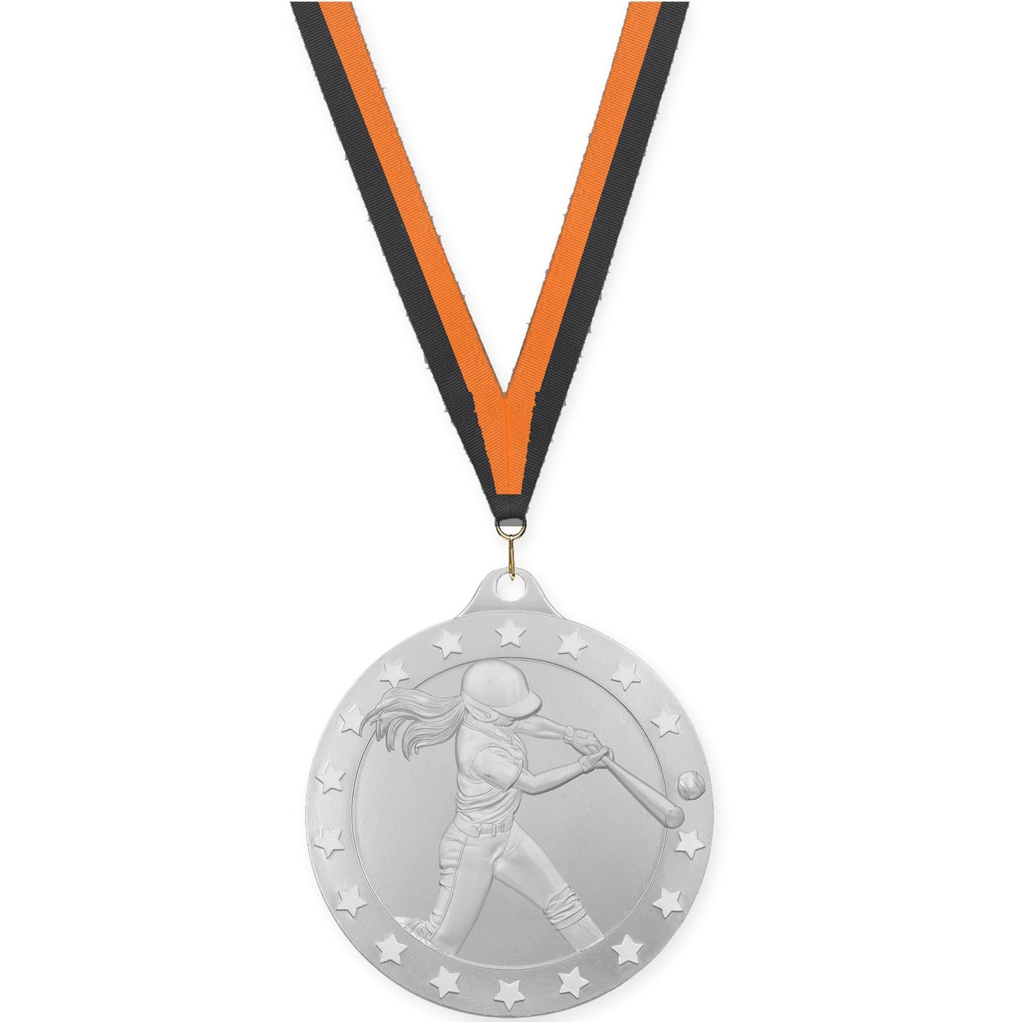 2 inch softball Radiance medal in silver with Black Orange neck ribbon