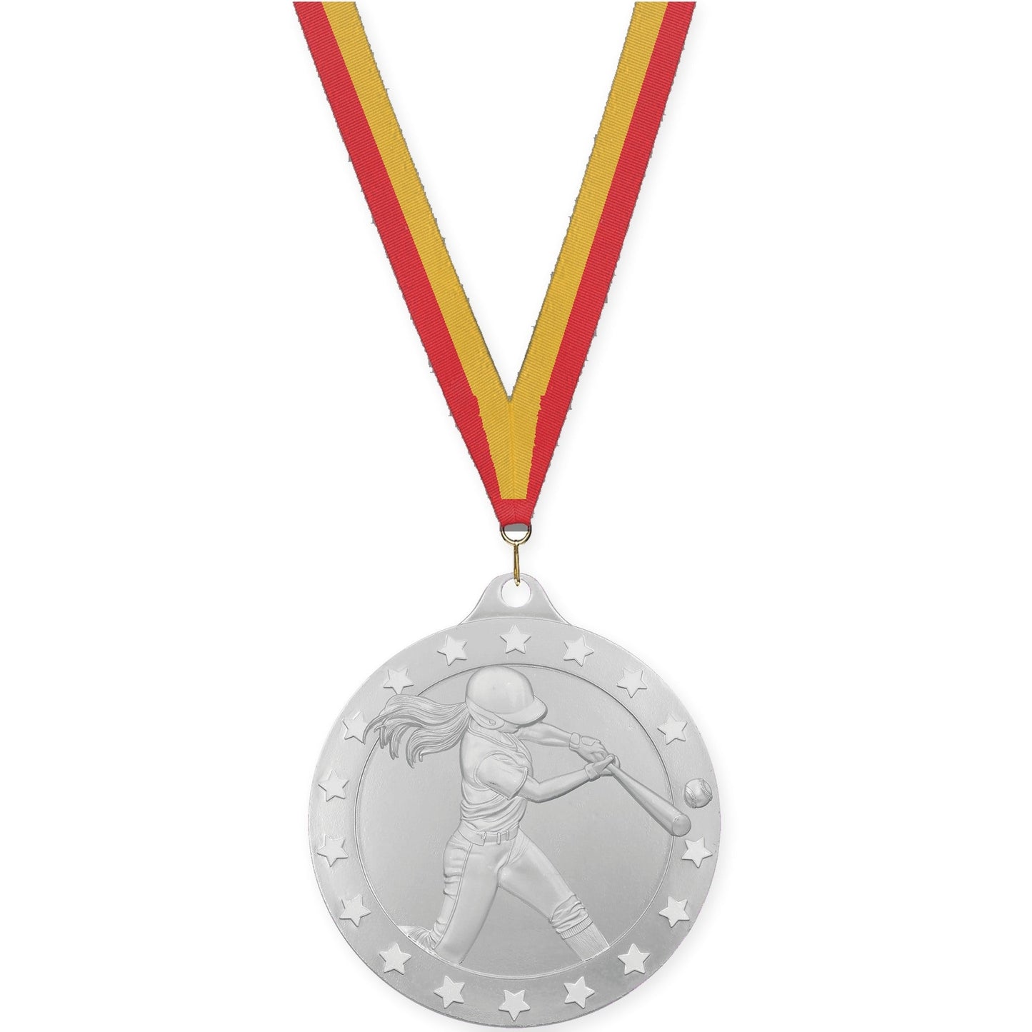 2 inch softball Radiance medal in silver with Red Gold neck ribbon