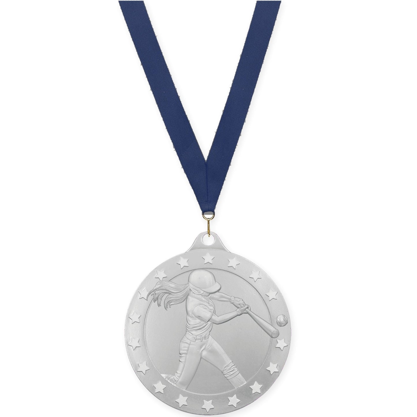 2 inch softball Radiance medal in silver with Navy neck ribbon