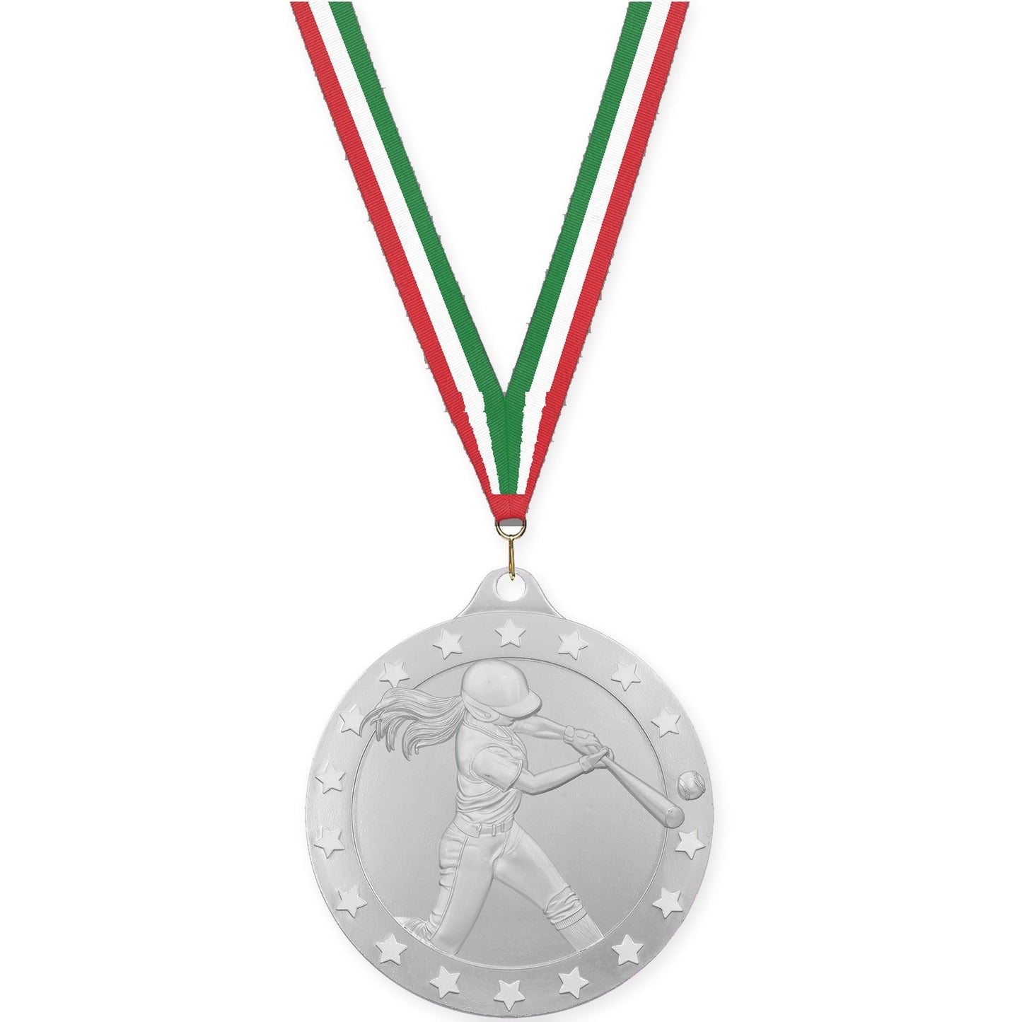 2 inch softball Radiance medal in silver with Red White Green neck ribbon