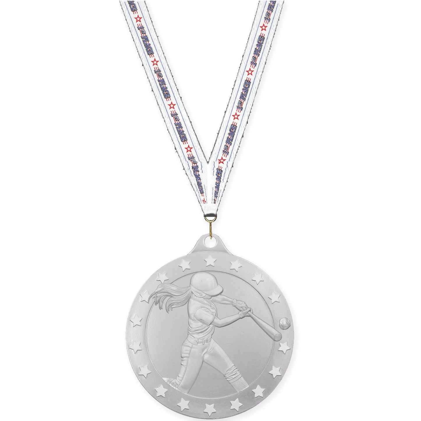 2 inch softball Radiance medal in silver with 1st Place neck ribbon