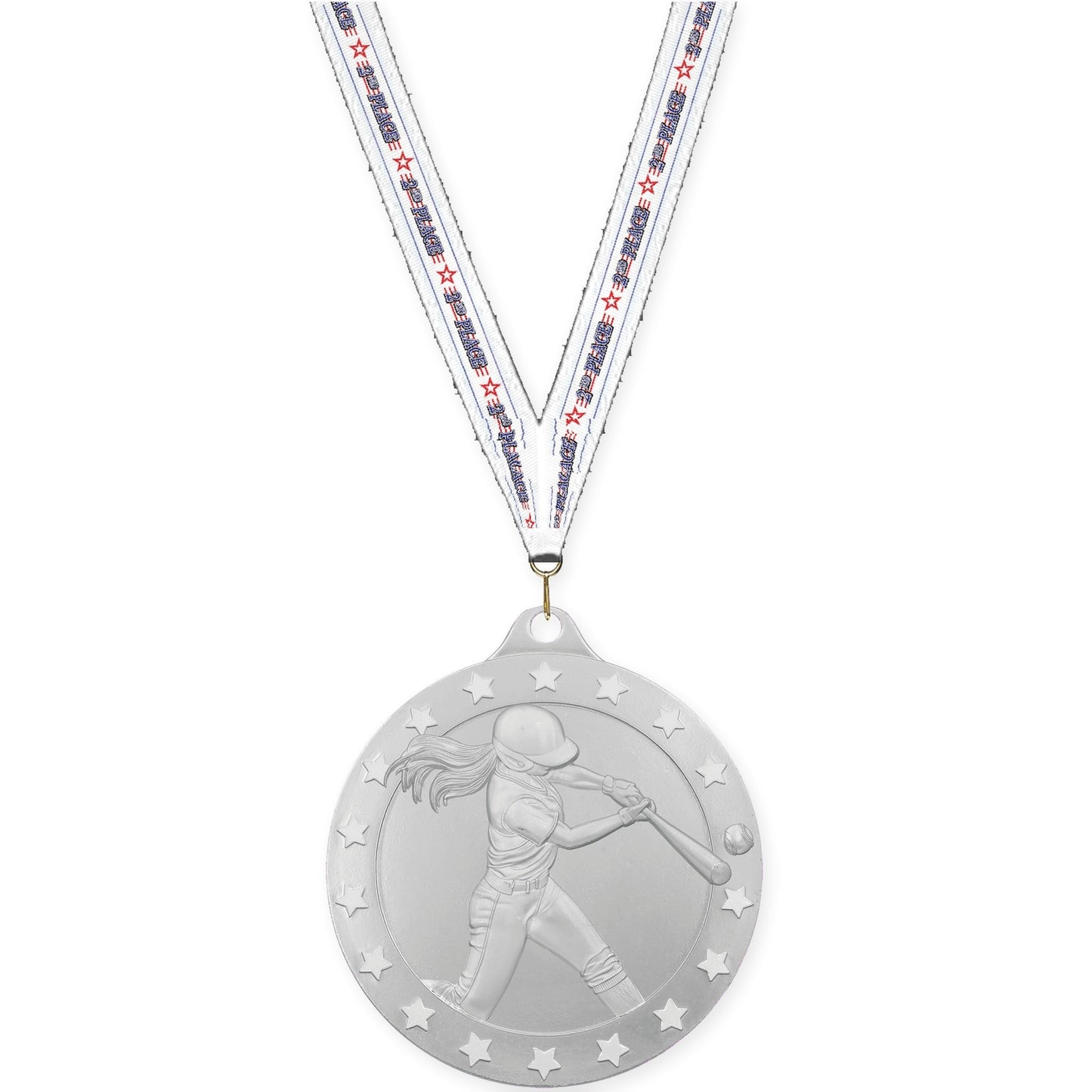 2 inch softball Radiance medal in silver with 2nd Place neck ribbon