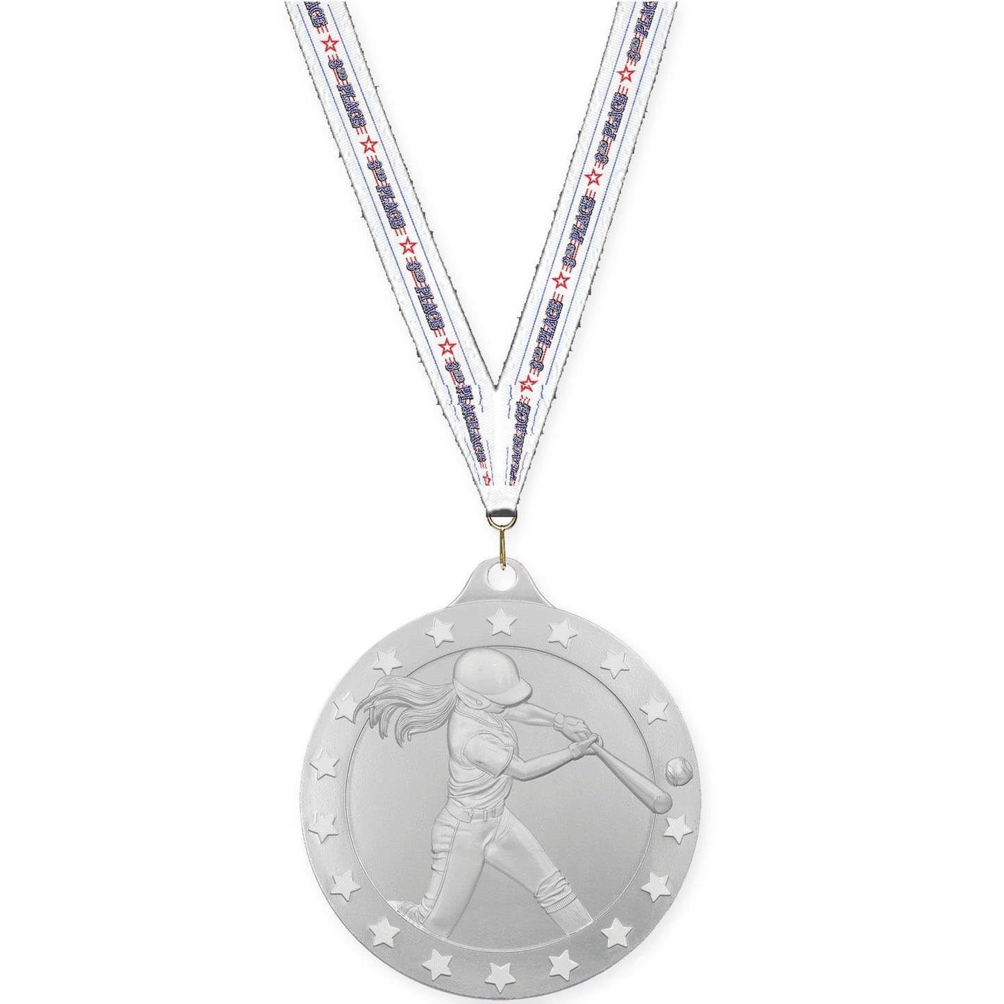 2 inch softball Radiance medal in silver with 3rd Place neck ribbon