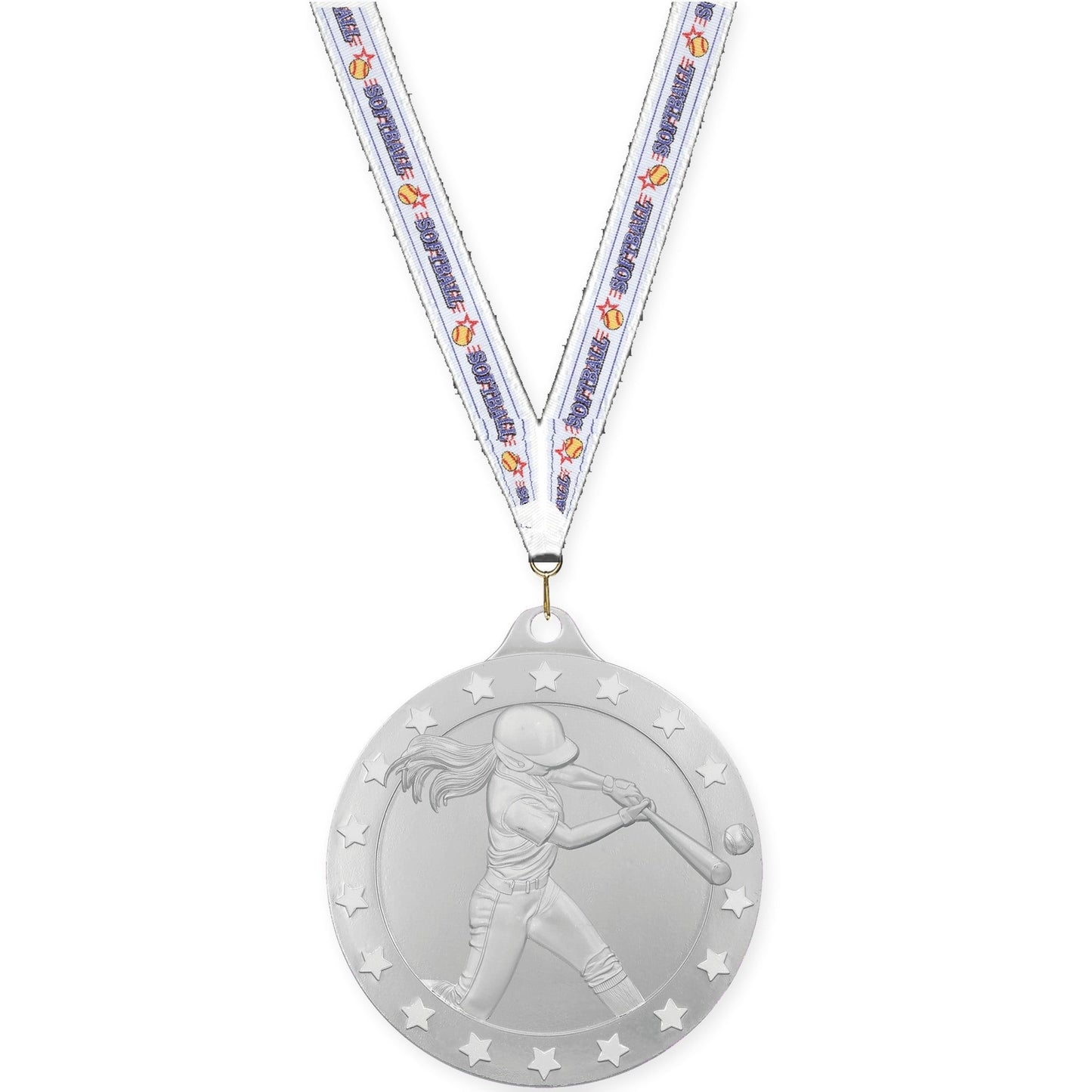 2 inch softball Radiance medal in silver with Softball neck ribbon