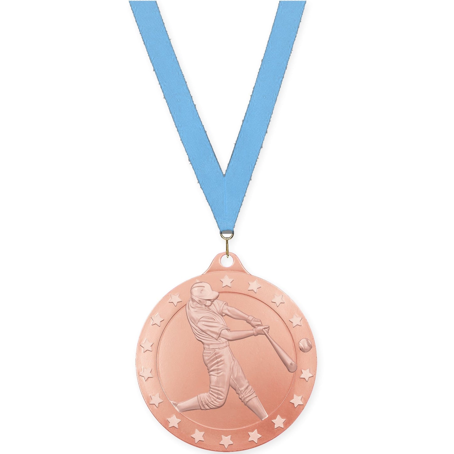 2 3/4 inch baseball Radiance medal in bronze with Light Blue neck ribbon