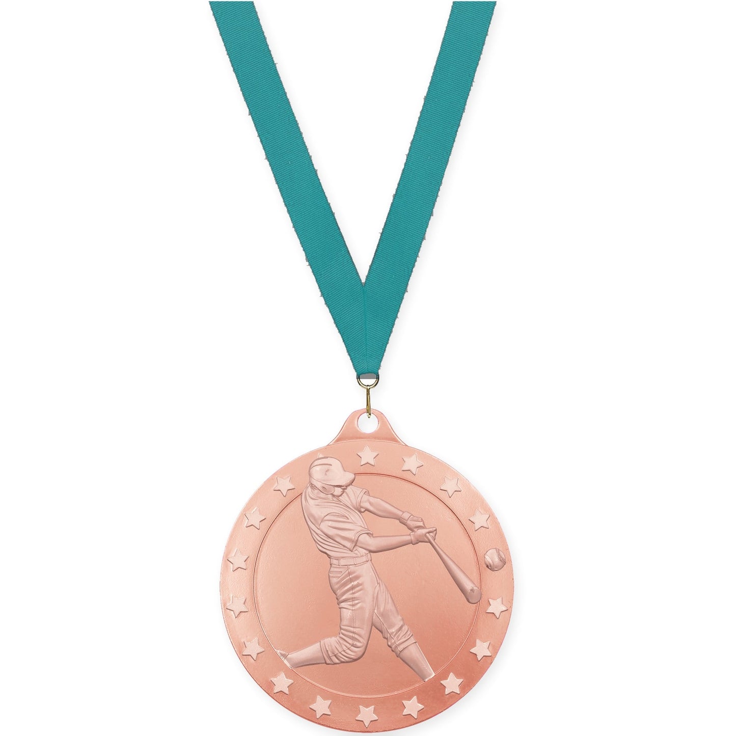 2 3/4 inch baseball Radiance medal in bronze with Teal neck ribbon