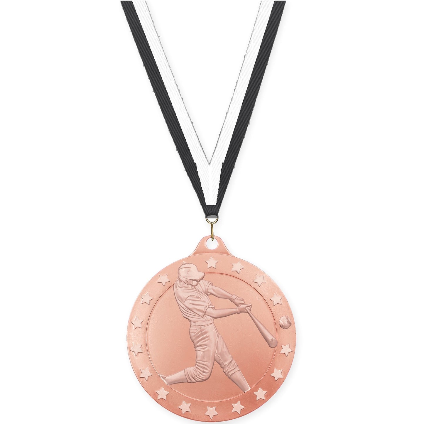 2 3/4 inch baseball Radiance medal in bronze with Black White neck ribbon